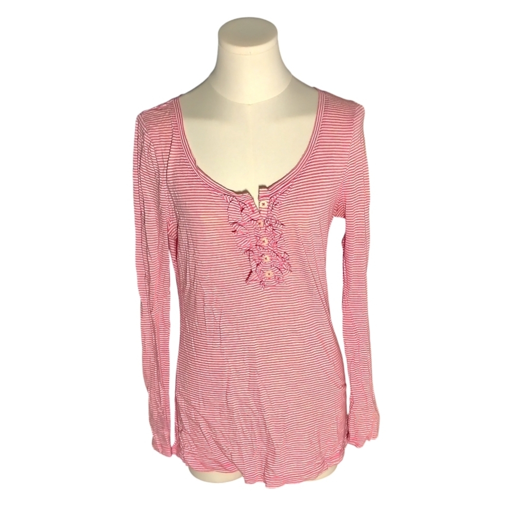 Vintage Old Navy Pink White Striped Ruffled Front Long Sleeve Tee Size Medium